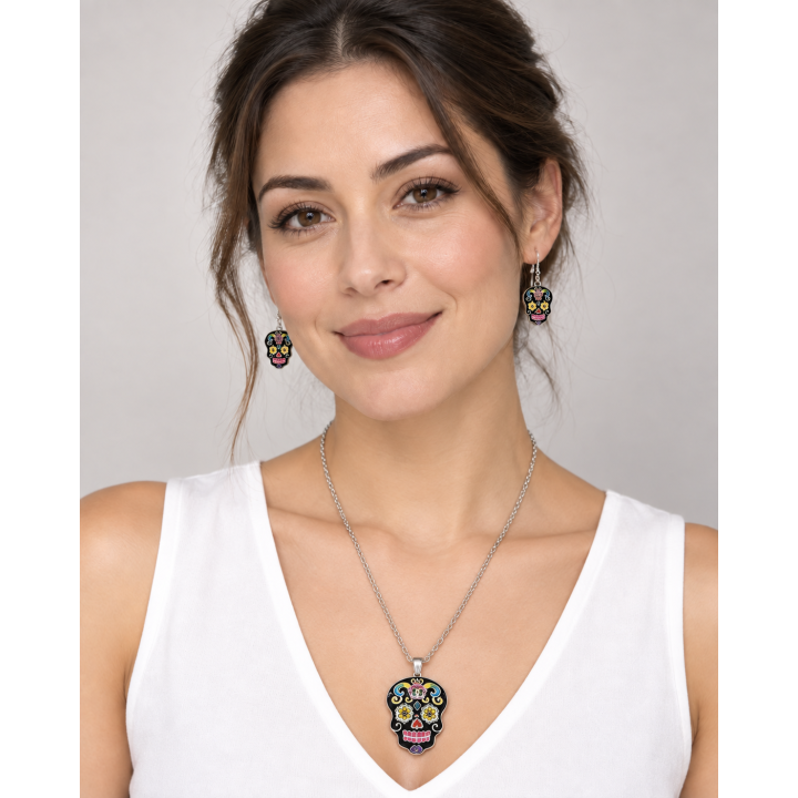 Colorful Sugar Skull Necklace and Earring Set