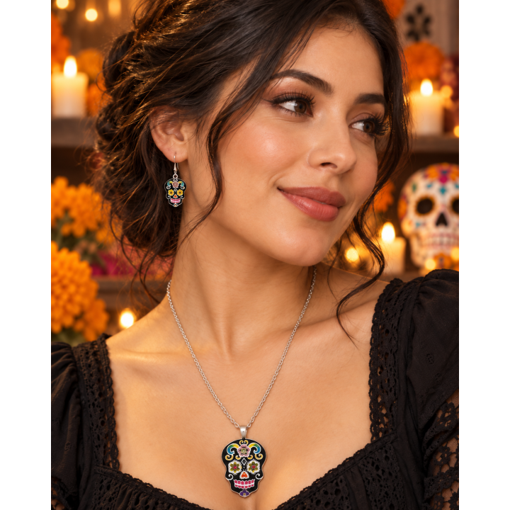 Colorful Sugar Skull Necklace and Earring Set