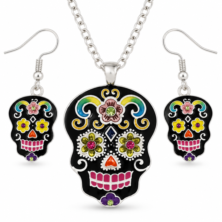 Colorful Sugar Skull Necklace and Earring Set