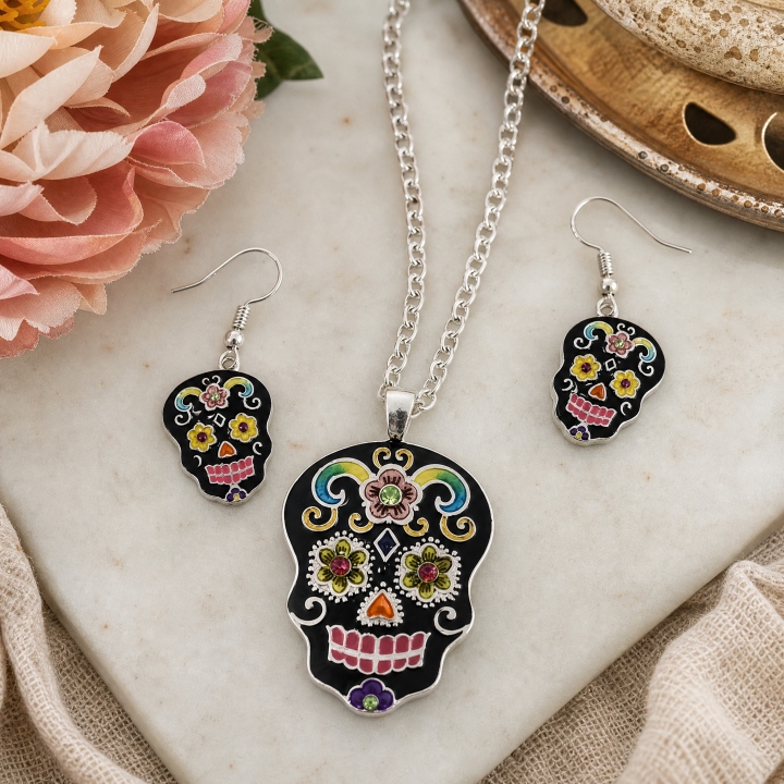 Colorful Sugar Skull Necklace and Earring Set