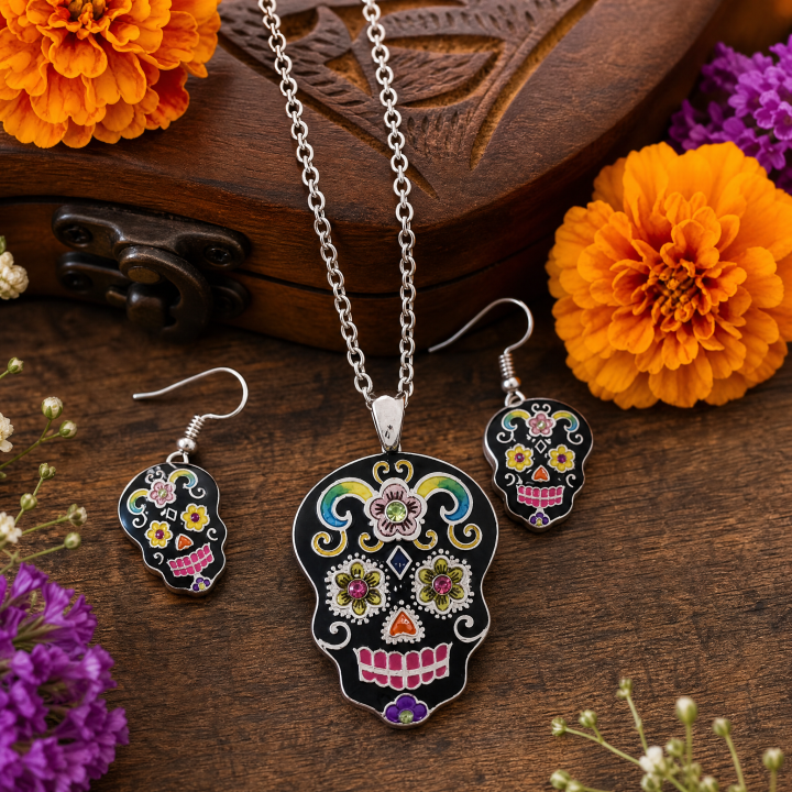 Colorful Sugar Skull Necklace and Earring Set