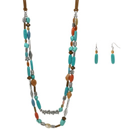 Turquoise Color Mixed Bead Layered Necklace and Earring Set