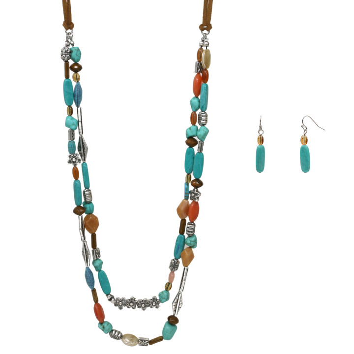 Turquoise Color Mixed Bead Layered Necklace and Earring Set