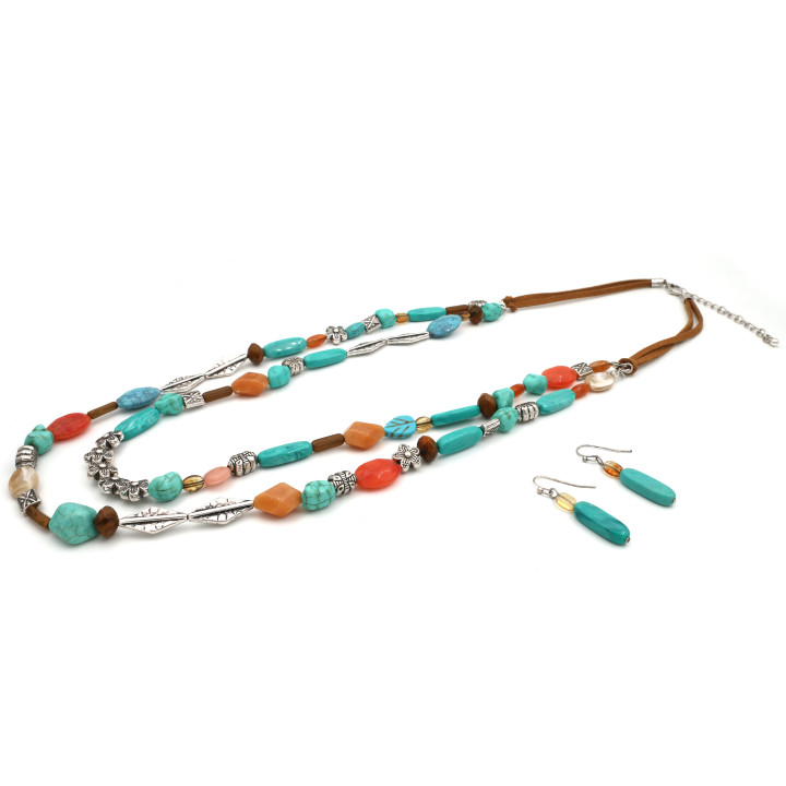 Turquoise Color Mixed Bead Layered Necklace and Earring Set