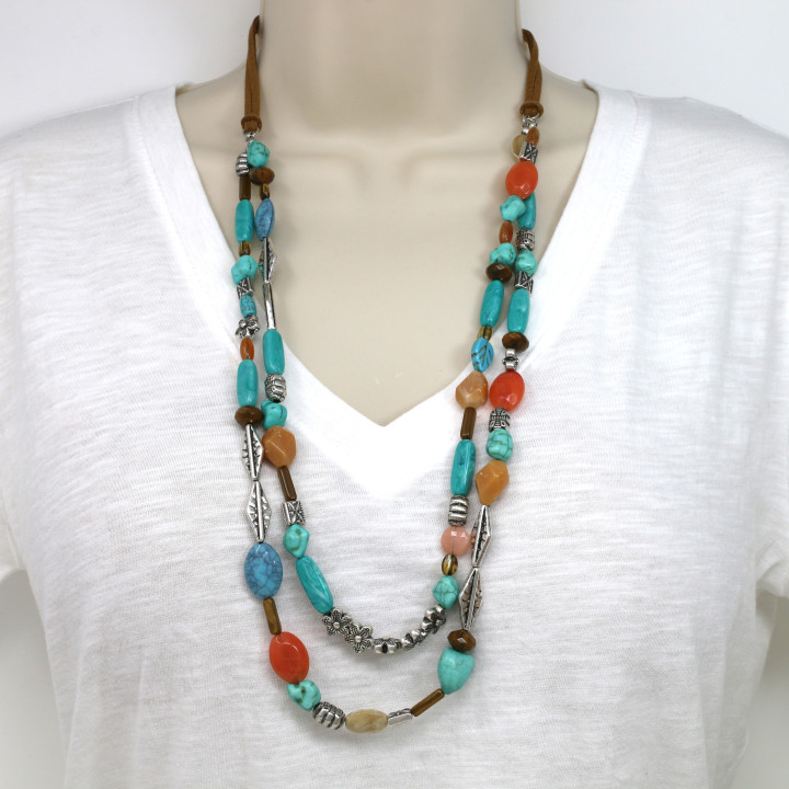 Turquoise Color Mixed Bead Layered Necklace and Earring Set