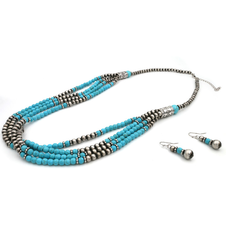 Turquoise Color Beaded Statement Necklace and Earring Set
