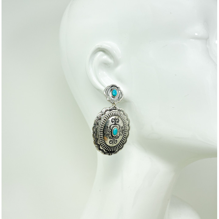 Turquoise Color Scalloped Concho Drop Earrings