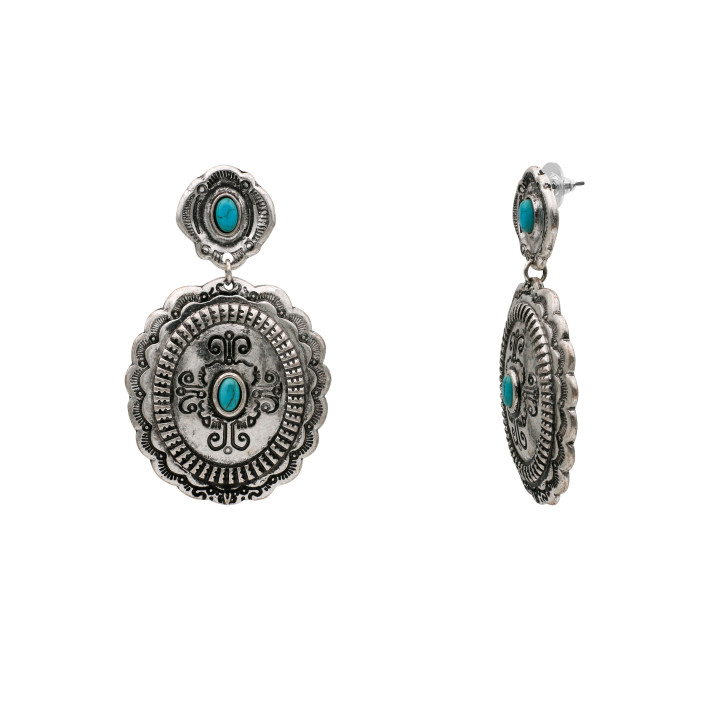 Turquoise Color Scalloped Concho Drop Earrings