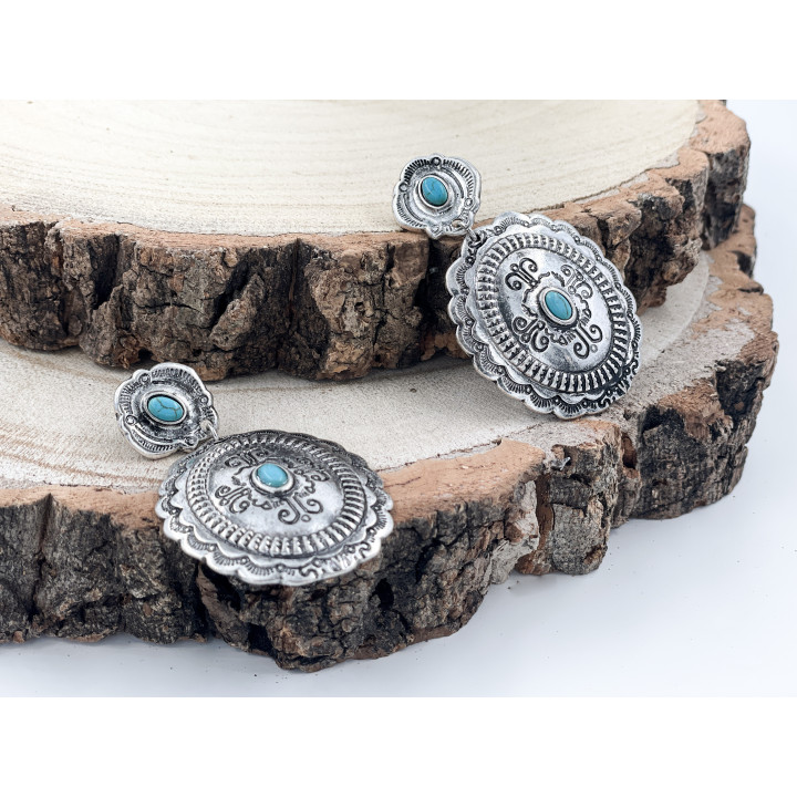 Turquoise Color Scalloped Concho Drop Earrings
