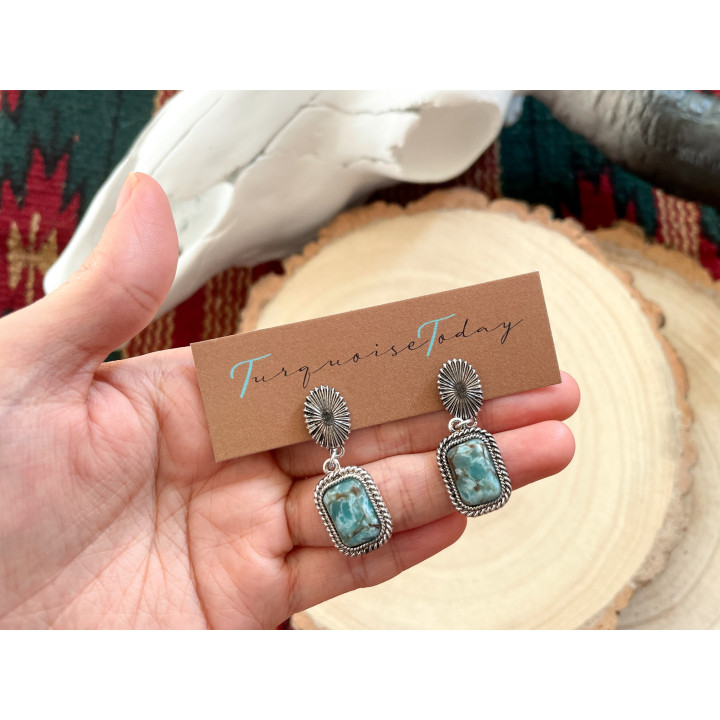 Turquoise Color Rectangle and Sunburst Drop Earrings