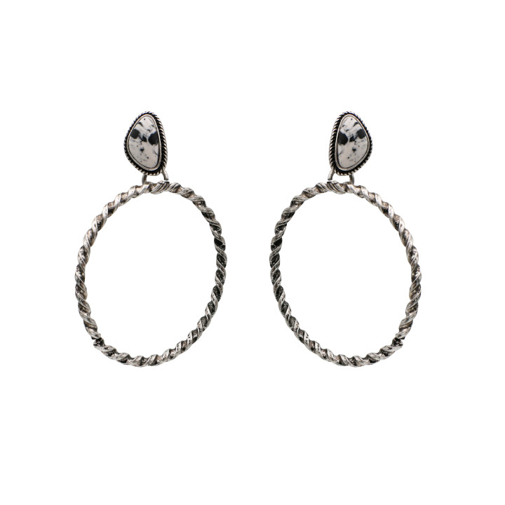 White Marbled Teardrop and Rope Circle Earrings
